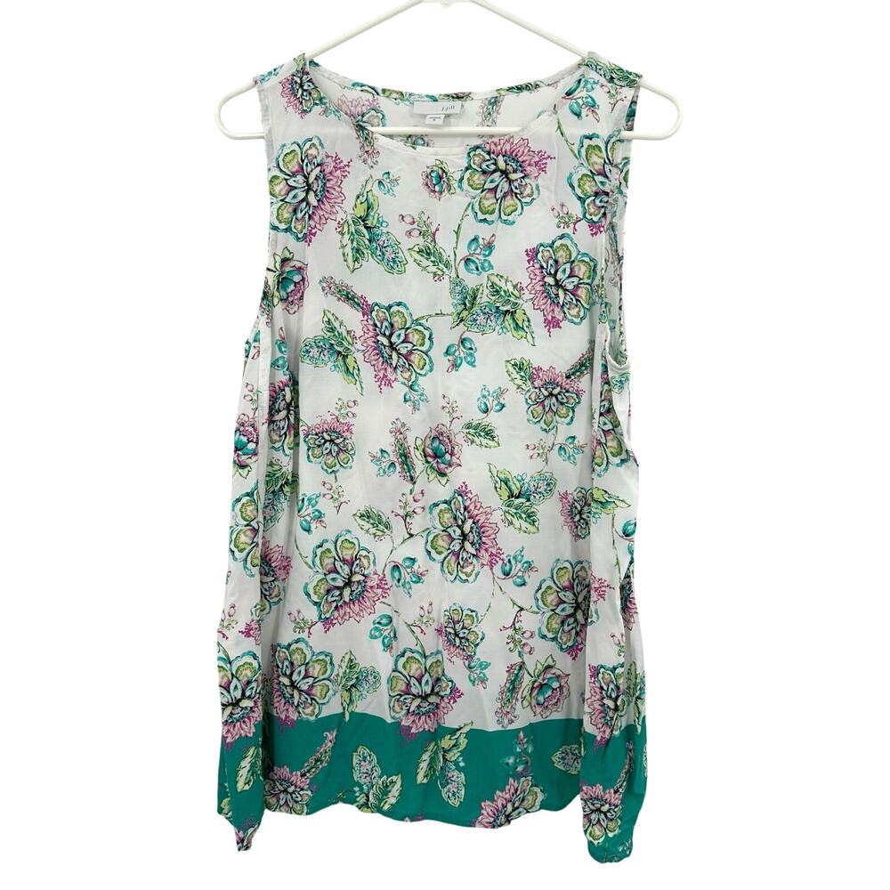 J. Jill Size Medium Sleeveless Tank Top Shirt‎ Blouse White Teal Floral Print